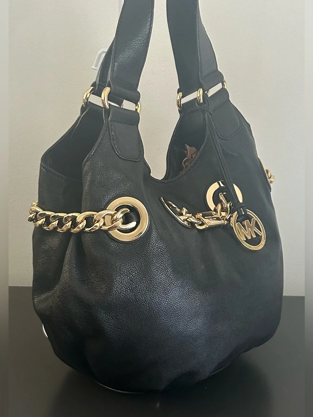 Michael Kors Black Pebbled Leather Gold Chain Grommet Hobo Shoulder Bag